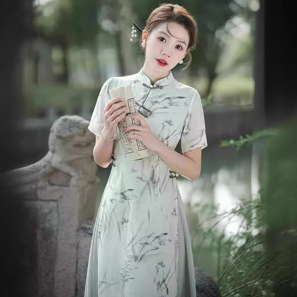 Женское элегантное платье Ципао с коротким рукавом и цветочным принтом