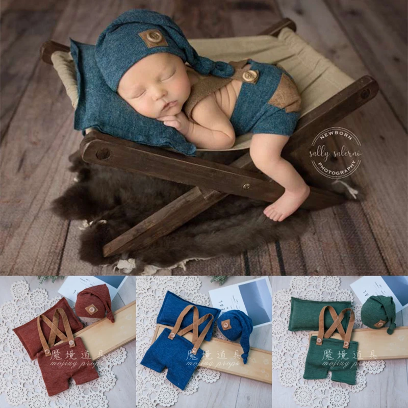 Dvotinst Newborn Photography Props for Baby Boys Suspenders Bodysuit Outfit Hat Pillow Fotografia Accessories Studio Photoshoot