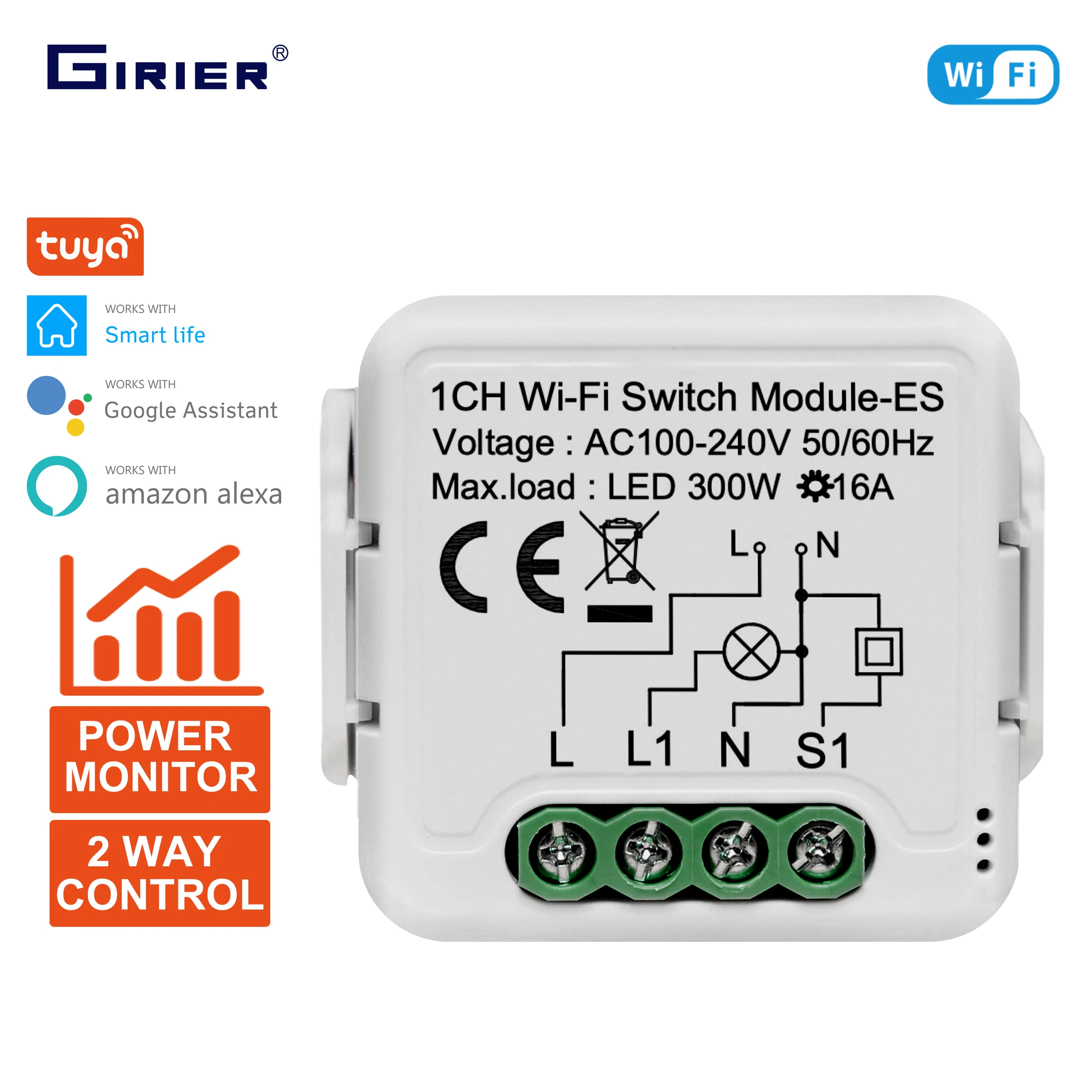 

GIRIER Tuya Smart Wifi Switch Module with Energy Metering 2 Way Control Function 16A Works with Alexa Google Home Yandex Alice