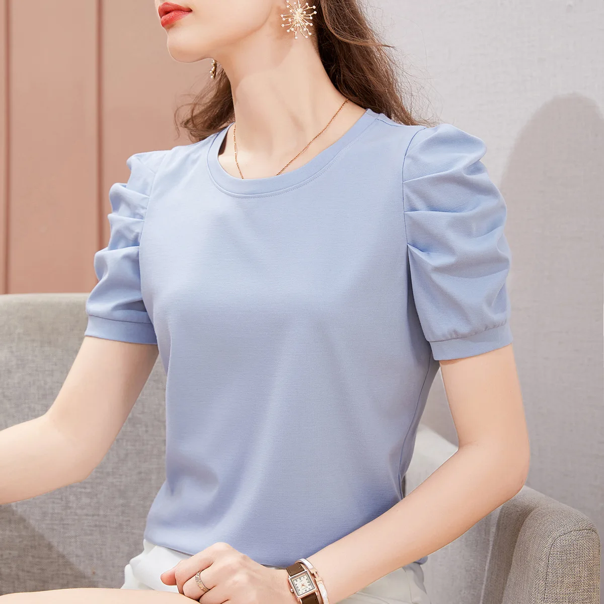 

Short-sleeved T-shirt Women's Summer Women's New Solid Color Half-sleeved Xinjiang Cotton T-shirt Pleated Puff Sleeve Design Top
