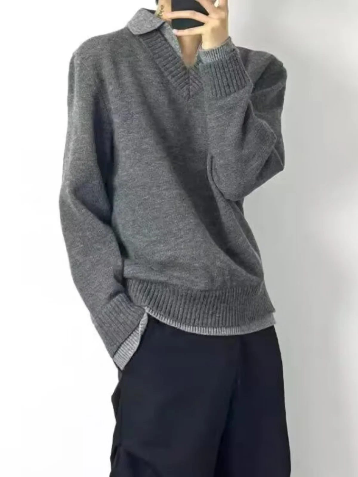 Design Sense Patchwork Contrast Color Fake Two Pieces Lapel Knit Men's Autumn and Winter Bottoming Shirt Loose Pullover...