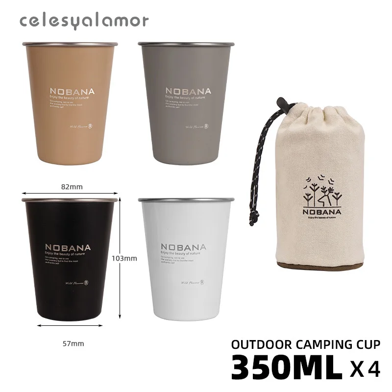 

4PCS 350ml Outdoor Camping Tableware Travel Cups Set Stainless Steel Cup Drinking Glasses Beer Cold Drink Cup With Storage Bag