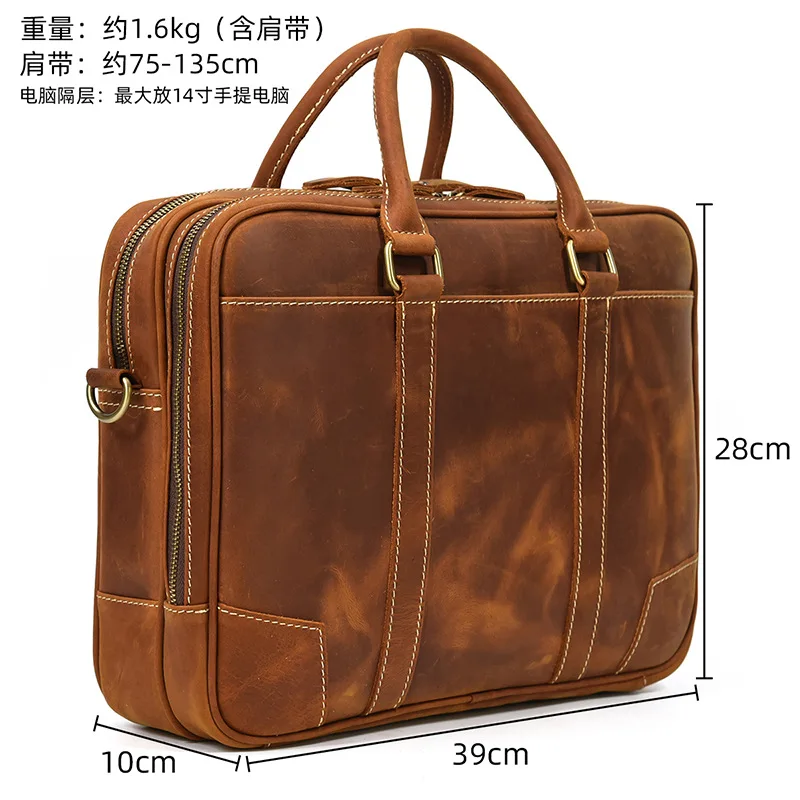 Retro Genuine Leather Briefcase For Men Luxury Cowhide Handbag Large Capacity Shoulder Messenger Bag Male Laptop Bag