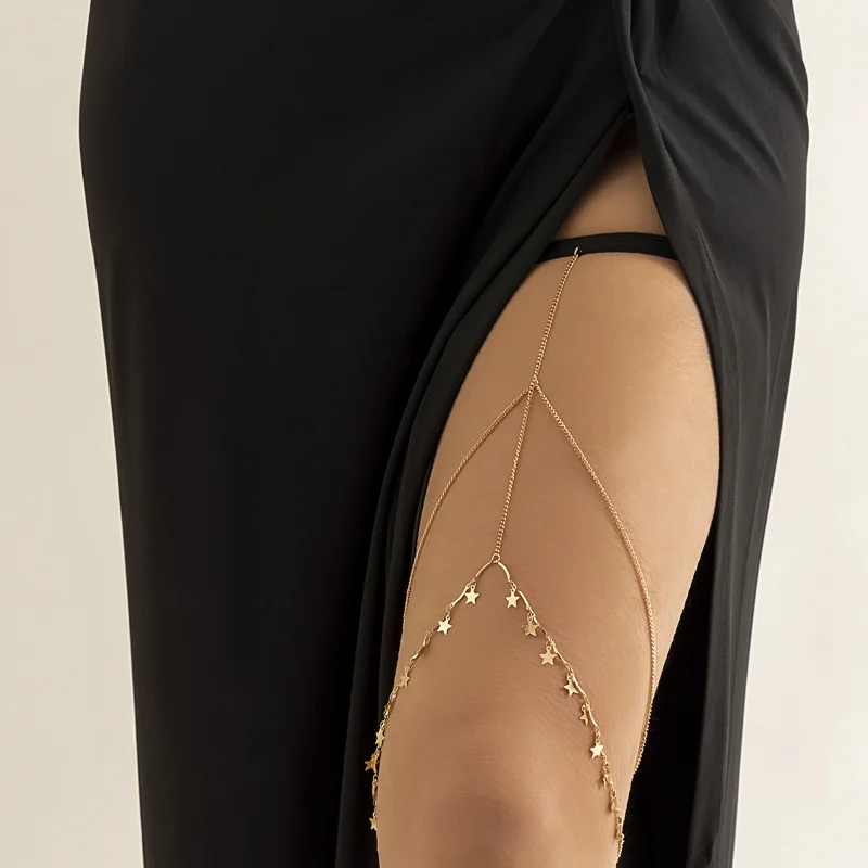 

Goth Europe America Simplicity Anklet Star Rhinestones Tassels Thigh Chain Geometric Leg Ring Imitation Pearls Jewelry for Women
