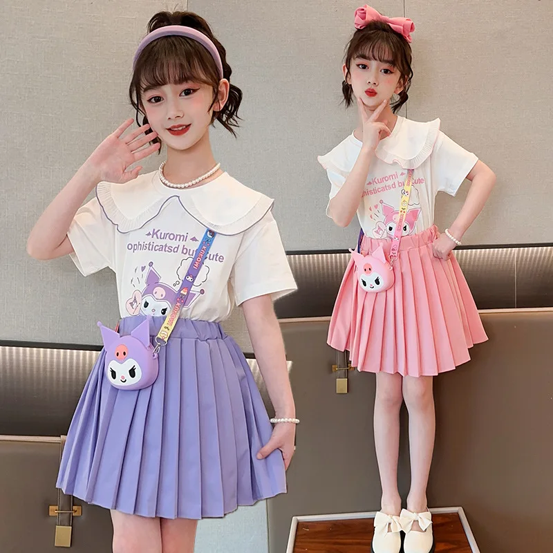 

Sanrios Kuromi Girl Summer Set Skirt Anime Kawaii Children Dress Fashion Short Sleeve Pleated Skirt Jk Uniform Two Piece Set