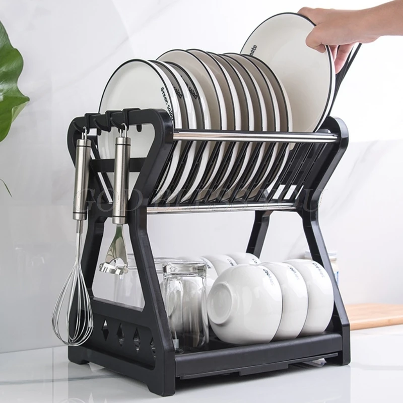 

2021 New Double-layer Kitchen Dish Bowl Draining Storage Rack with Chopstick Cage Household Tableware Organizer Tray Box Basket
