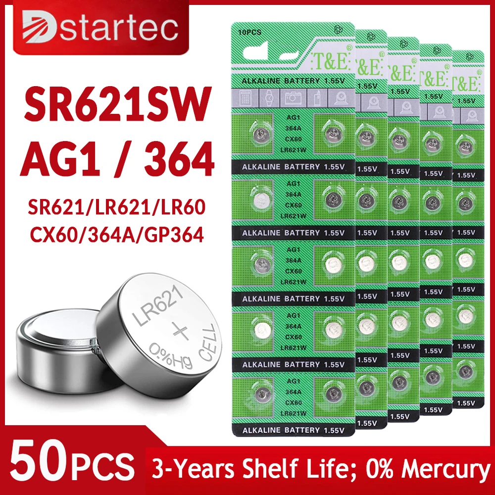 

DStartec 50PCS AG1 Coin Battery LR621 364 Button Cell Coin Alkaline Battery 1.55V SR621SW 364A L621 for Watches Toys No Mercury