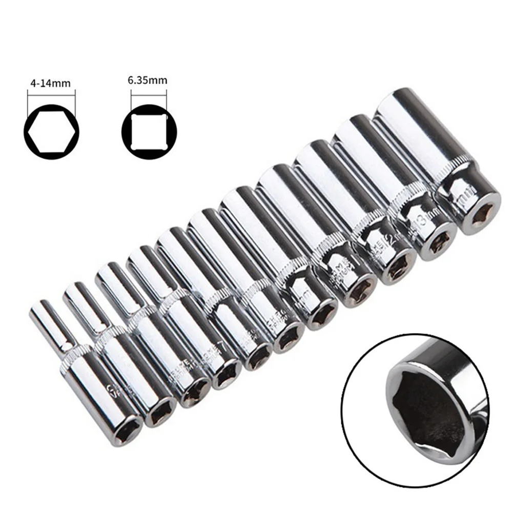 110mm Deepen 1/4" Socket Wrenches Hexagon Nut Driver Drill Bit H8-H14 Sleeve Adapter Universal Ratchet Tool Set images - 6