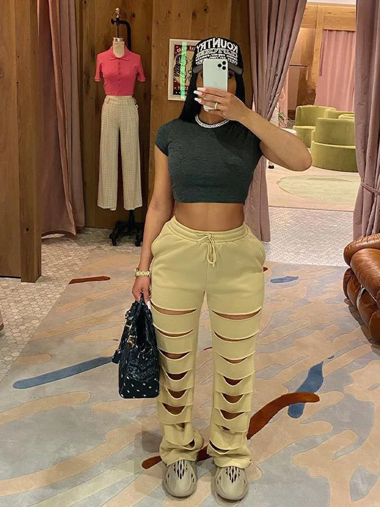 

HOUZHOU Hollow Out Sexy Harajuku Sweatpants Women Drawsting Casual Fashion Alt Pants Y2k Streetwear Casual Trousers Vintage Slim