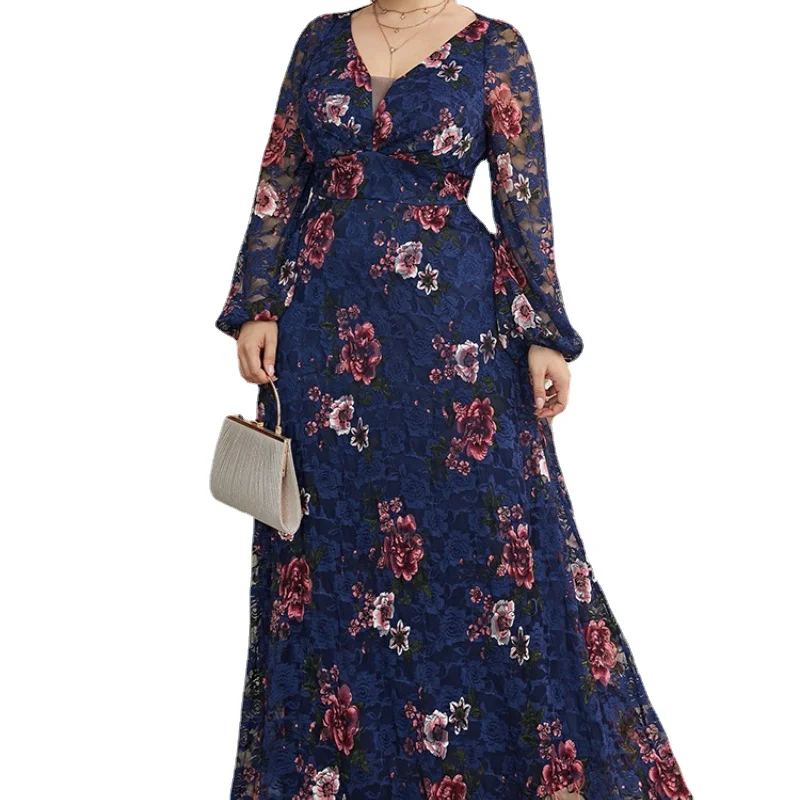 

Women Maxi Dresses 2022 New Luxury Chic Elegant Long Sleeve Floral Muslim Turkey Party Evening Wedding Clothing L- 4XL