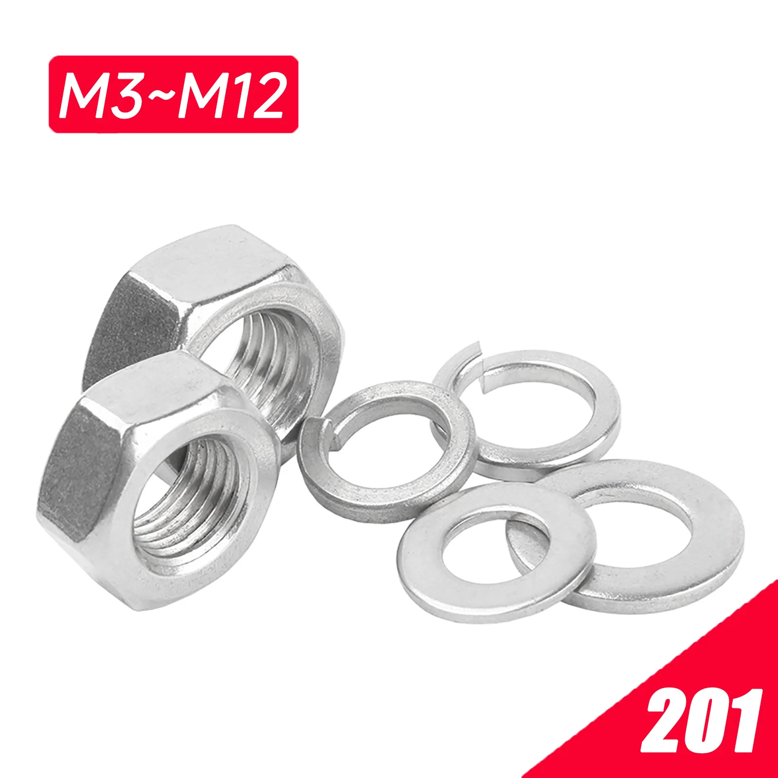 

5/10 x M3 M4 M5 M6 M8 M10 M12 Stainless Steel Hex Hexagon Nut Flat Gasket Spring Washer Assembly