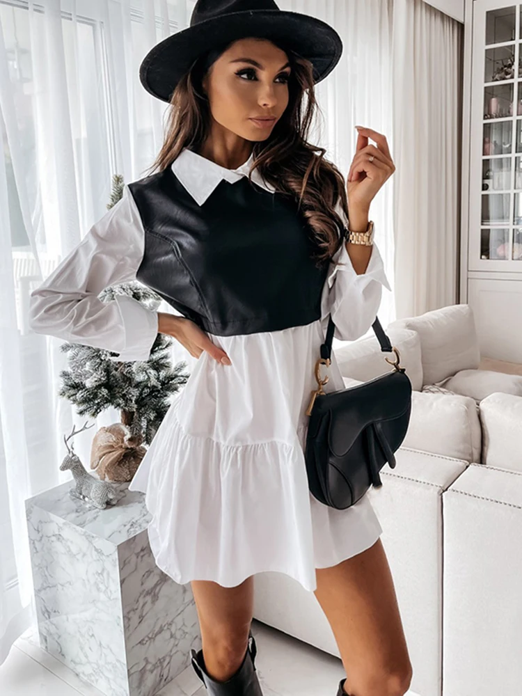 

Casual Long Sleeve PU Patchwork Mini Shirt Dress For Women 2022 Autumn Leather Plaid Sweet Woman Dresses Clothes Femme Robe