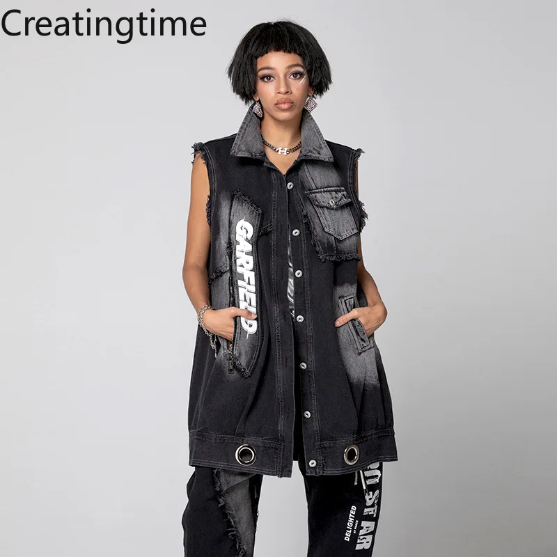 

Creatingtime 2022 Spring New Fashion Trend Women's Lapel Single breasted Pockets Zipper Print Patchwork Denim Vest Jacket GA505