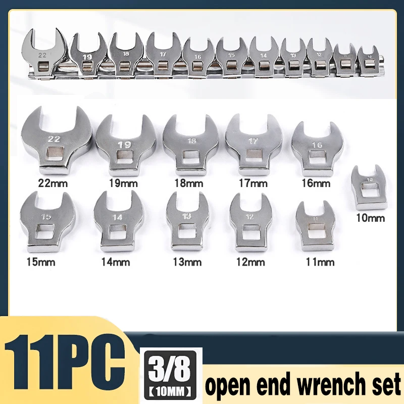 11Pc 3/8 Inch Drive Crowfoot Wrench Set 10-22mm Metric Chrome Plated Crow Foot Open End Wrench Keys Set