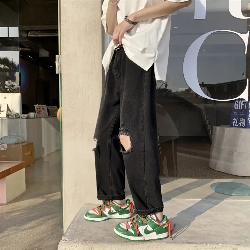 Summer Black Ripped Jeans Men Fashion Casual Straight Jeans Men Streetwear Loose Hip Hop Hole Denim Pants Mens Trousers S-3XL