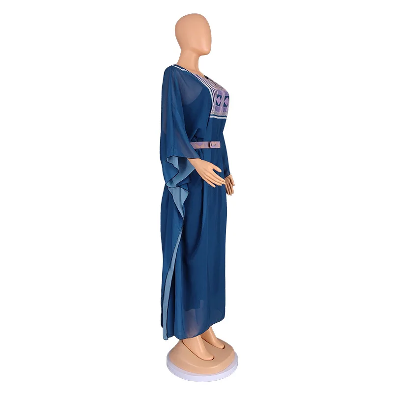 Two Piece Set African Dresses for Women Fall African Women Bat Sleeve V-neck Chiffon Long Dress African Print Dresses With Belt