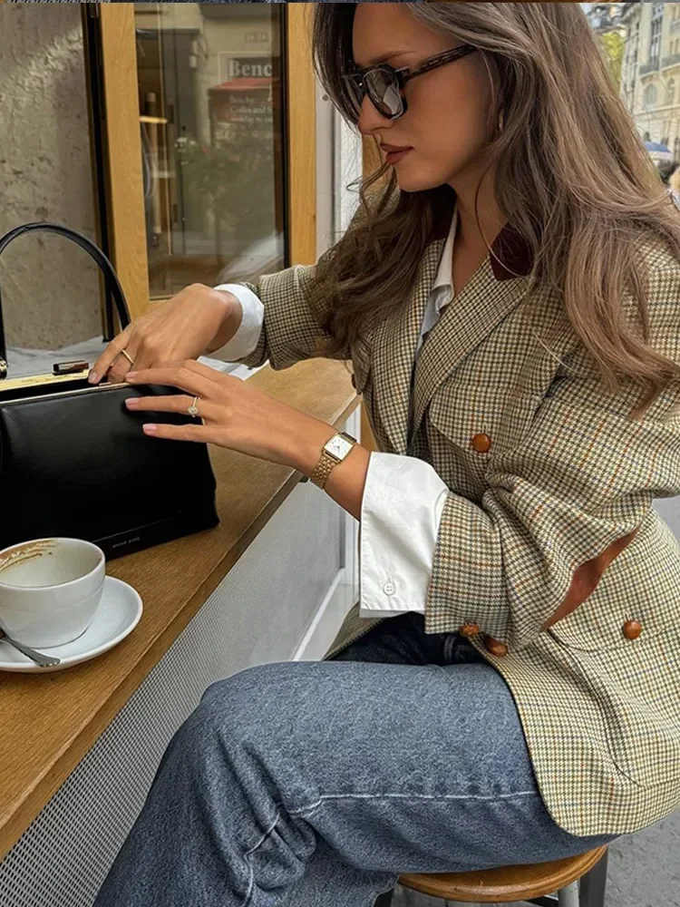 Повседневный женский тонкий клетчатый пиджак шикарный однобортный с отложным