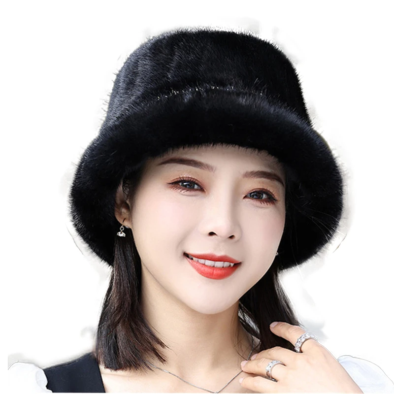 New Mink Fur Winter Bucket Hat For Women Fashion Soft Warm Bucket Hats Fishing Cap Lady Outdoor Vacation Hat Cap Free Shipping