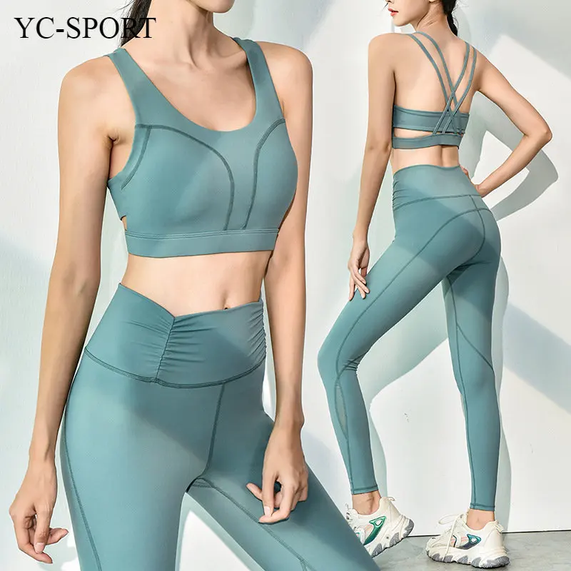 2022new Yoga Fitness Suit Double Cross Back Pleated Waist Mouth Daily Sports Leisure Suit for Women