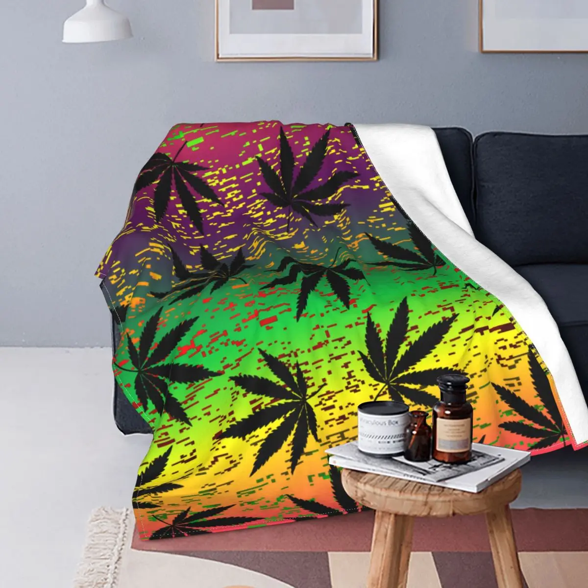 

Grunge Ethnic Hemp Leaves Flannel Throw Blanket Weed Leaf Blanket for Bed Office Soft Quilt