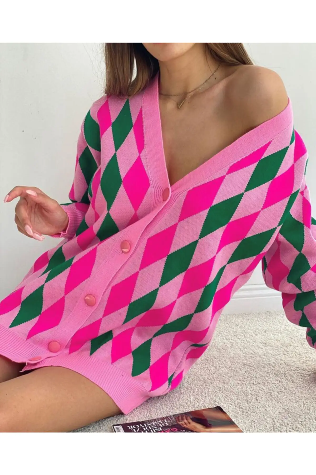 

Women's Cardigan V Neck Diamond Patterned Colorful Oversized sportswear Casual Knitted Quality Fashion Sweaters Loose Jumper