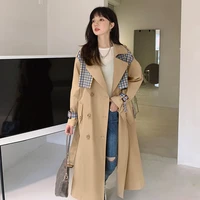 long windbreaker jacket lady duster coat spring autumn fashion korean style patchwork plaid women trench coat double breasted