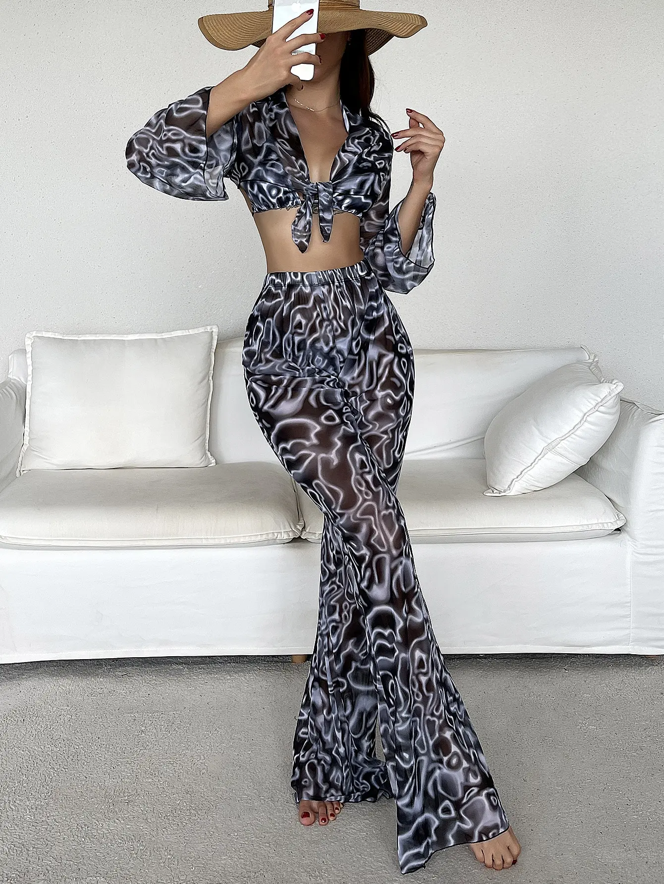 

4pcs Print Bikini Swimsuit with Cover Ups Women Swimwear 2023 Haler Triangle Bikini Set Summer Beach Bathing Suit