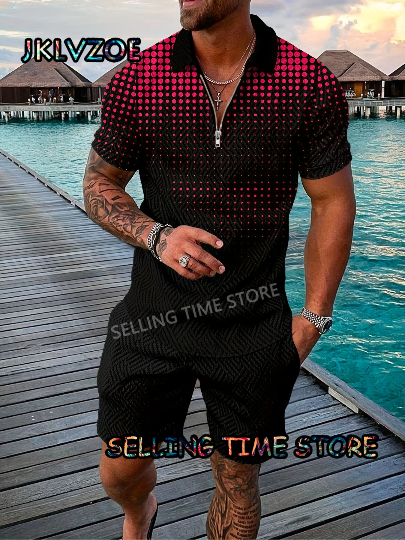 

Men 2 Piece Outfits Street Style Fashion 3d Printing polka dots Polo Shirt Sets Casual Tracksuits Summer Short Sleeve Male Cloth