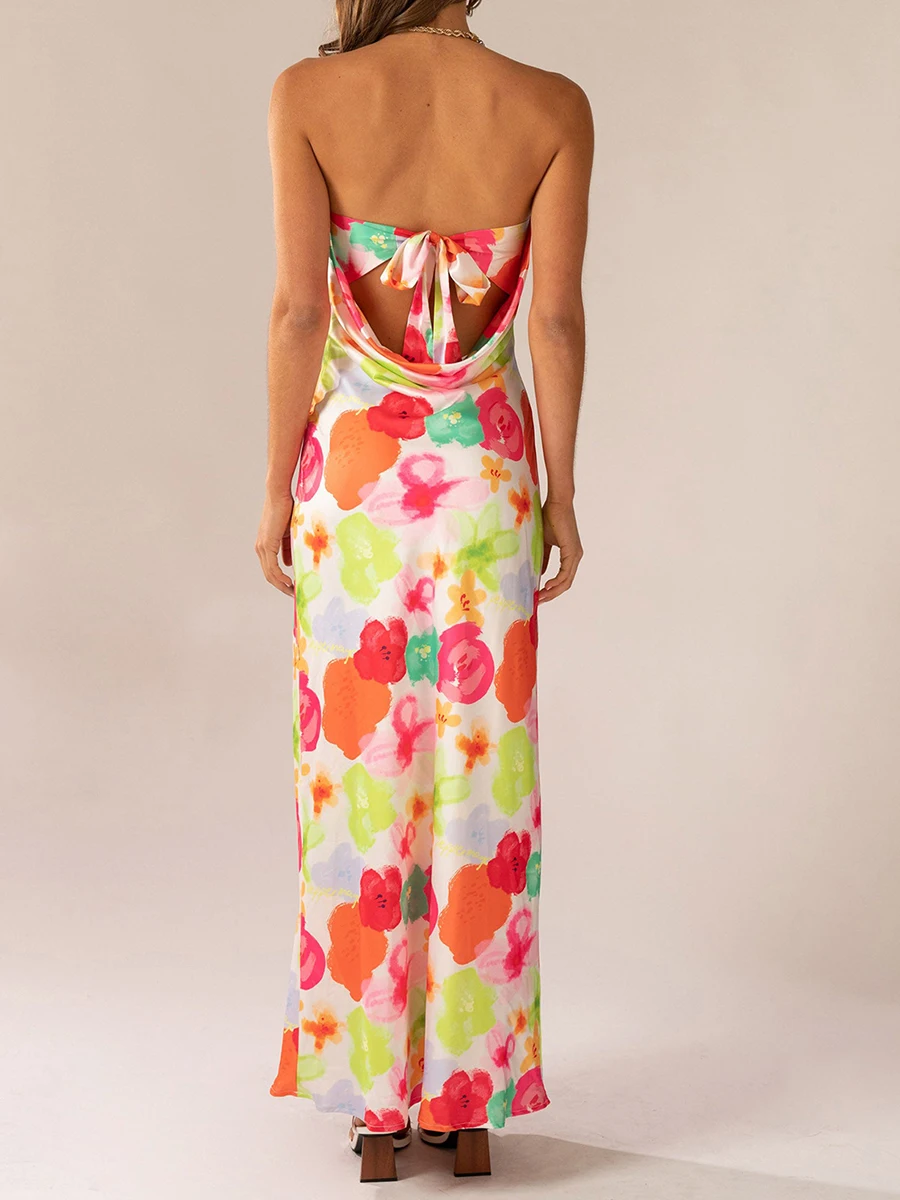 

Elegant Floral Print Sleeveless Maxi Dress with V-Neckline and Flowy Hemline for Women s Summer Parties and Events