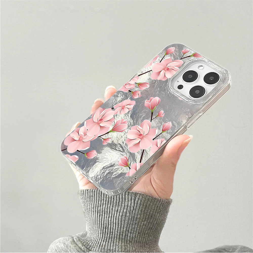 Чехол для телефона с текстурой ледника и розовой магнолией для iPhone 17 Pro Max, 16, 14, 15, 13 Pro Max, 12, 11 Pro Max, 8 Plus, X – противоударный, жесткий чехол (art.: 3920db9643534) - 3920db9643534