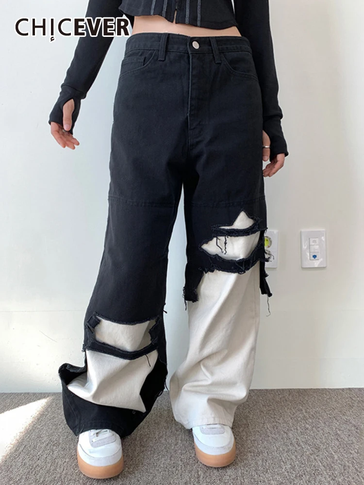 

CHICEVER Colorblock Denim Pants For Women High Waist Hole Hollow Out Patchwork Y2K Style Straight Trousers Female Spring New