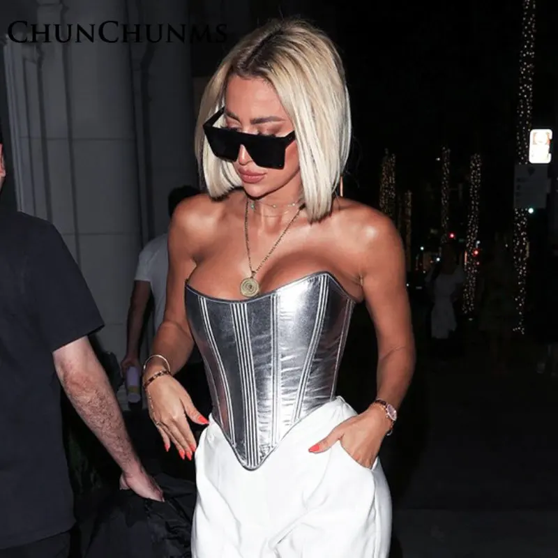 

Sexy Metallic Belted Top Sexy Corset Undercoat Women Strapless Midnight Club Back Lace Up Bandage Vest Tank Tops Sliver Shirt