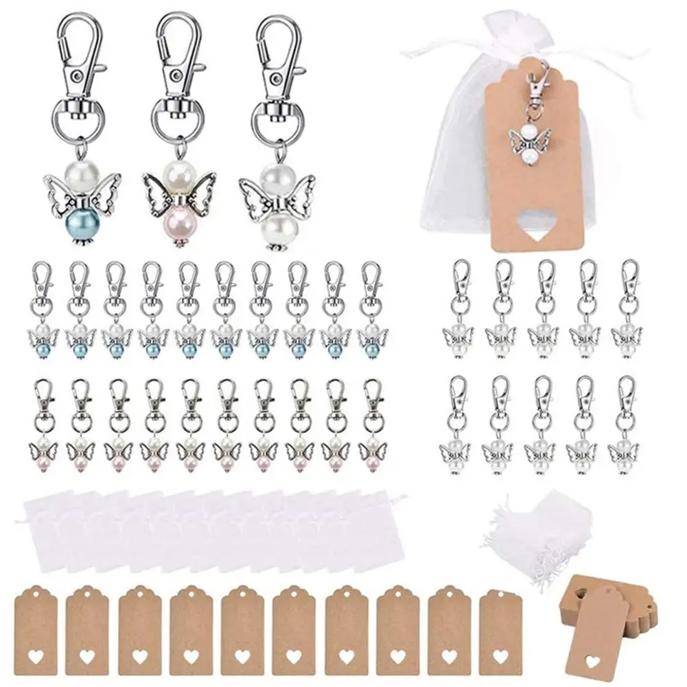 

30pcs/set Angel Design Keychain Favors Set White Organza Gift Bags Thank You Kraft Tags For Baby Shower Wedding Birthday Party