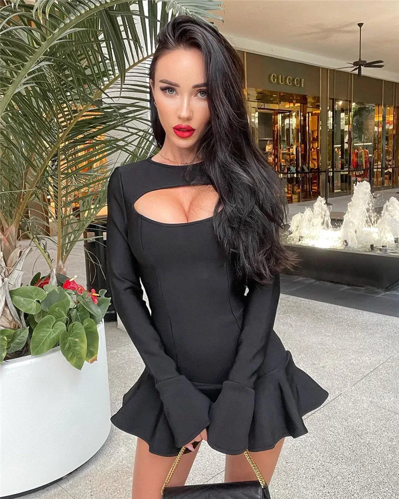 

Sexy Cut Out Mini Women's Dress Black White Long Sleeve O Neck Elegant Vestidos Winter Fashion Ladies Bandage Dress