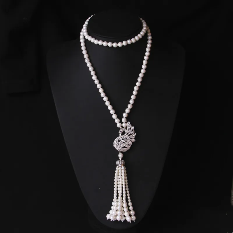 2PCS Natural Shell Pearl Necklace Long Women's Sweater Chain Sweater Pendant Micro Set Zircon Pendant Necklace For Women