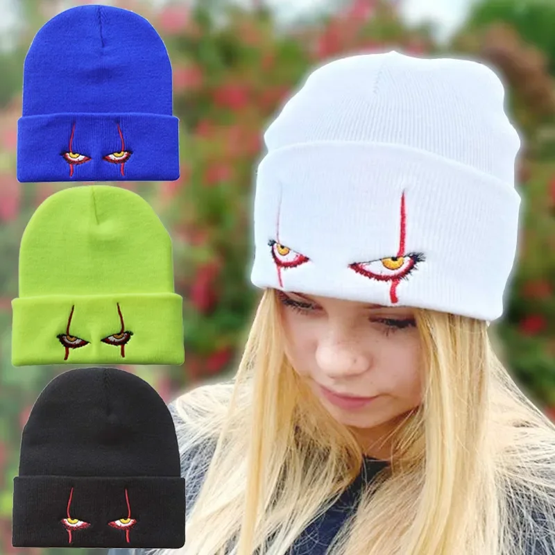 

Winter Soft Outdoor Beanie Solid Color Knitted Hat Pennywise Eyes Embroidered Hood Hat for Women Men Casual Halloween Hat