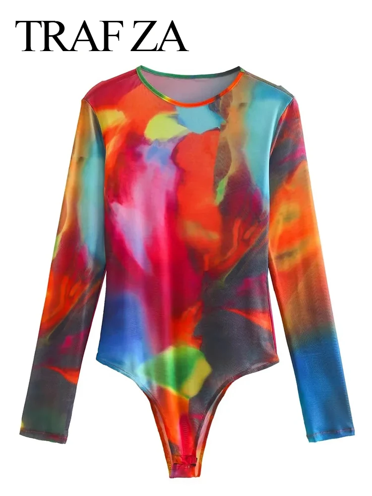 

TRAF ZA 2022 Women's Soft Bodysuit Retro Fashion Translucent Print Render Tulle Long Sleeve Snap Women Streetwear Bodysuit Mujer