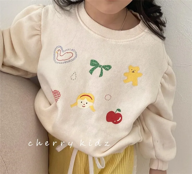 

Fashion Clothes Korean Children Clothing 2022 Spring Cotton Girls Cute Cartoon Sweater Versatile Pullover Round NeckTop