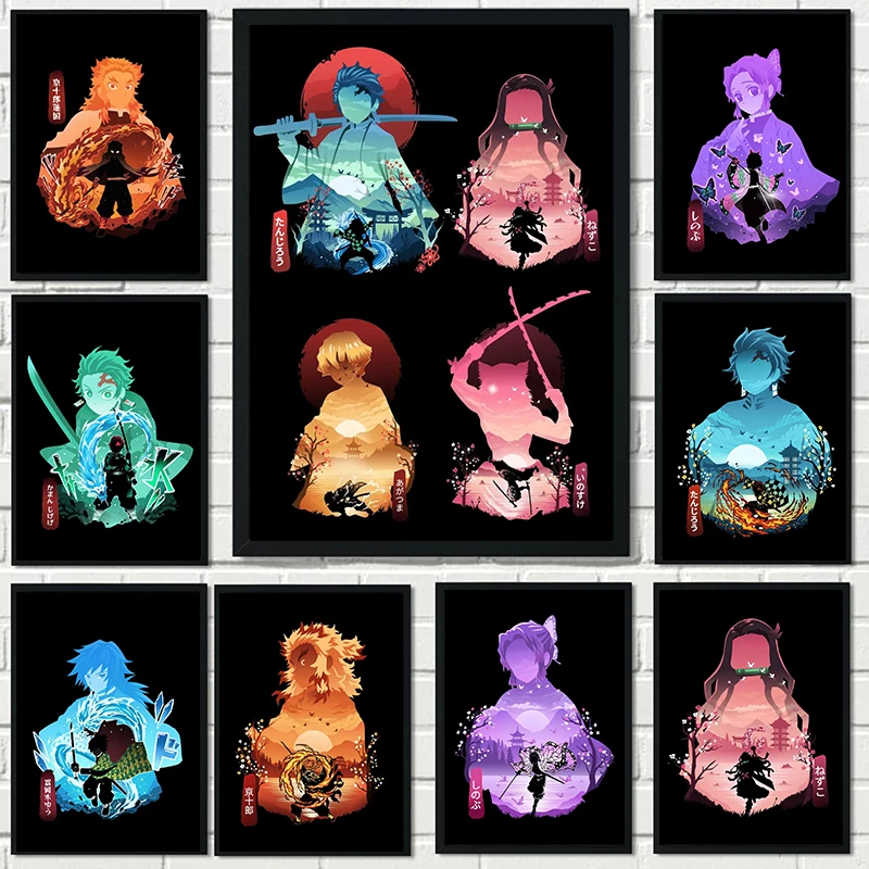 

Японское аниме «рассекающий демонов: клинок», Картина на холсте, минималистичные аниме персонажи, постер, настенное искусство, картина, укр...