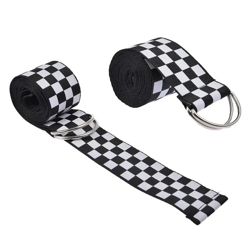 

Canvas Plaid Belt Female Checkerboard Belt Casual Waist Black White Checkered Double D Ring Buckle Teenager Men Long Belts