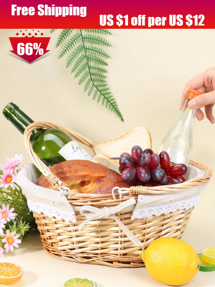 

Picnic Basket Woven Natural Wicker Basket with Double Handles Cloth Lining for Food Sundry Container Fruit Storage Easter Gift