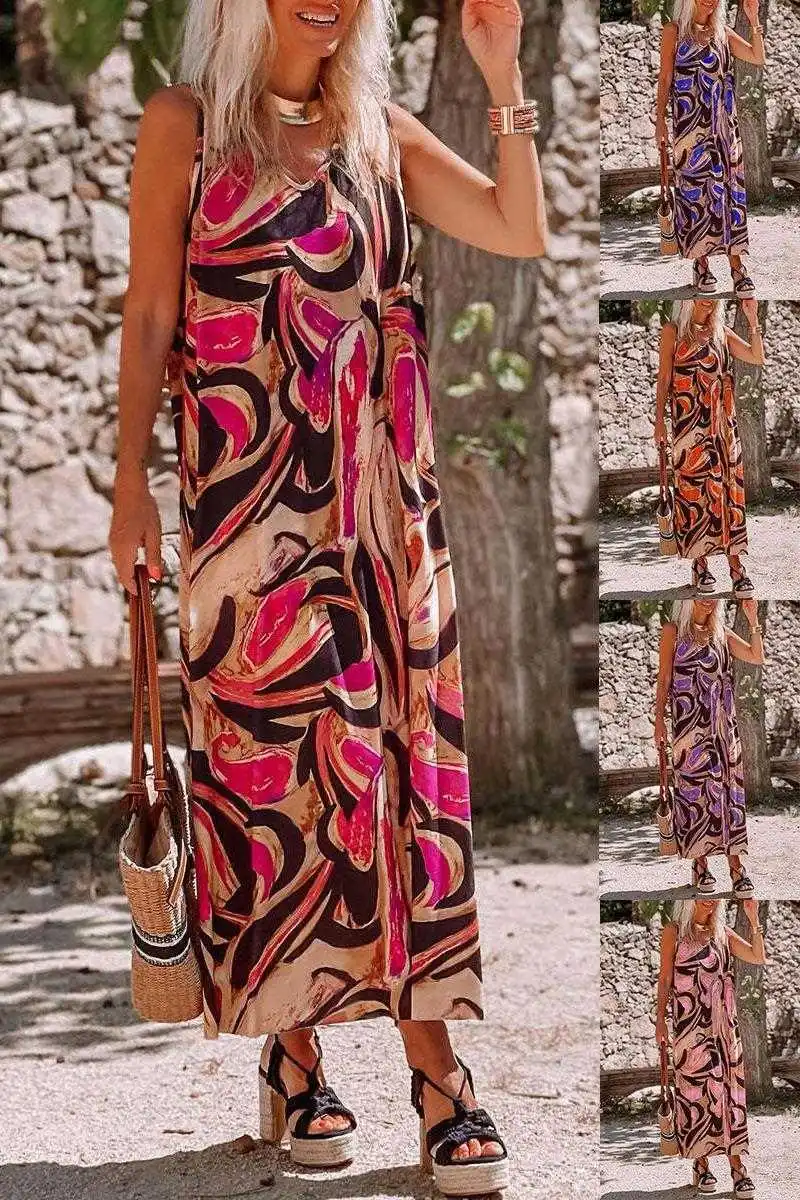 

Summer Womens Printed Loose Sleeveless Dress Midi Dresses For Women
