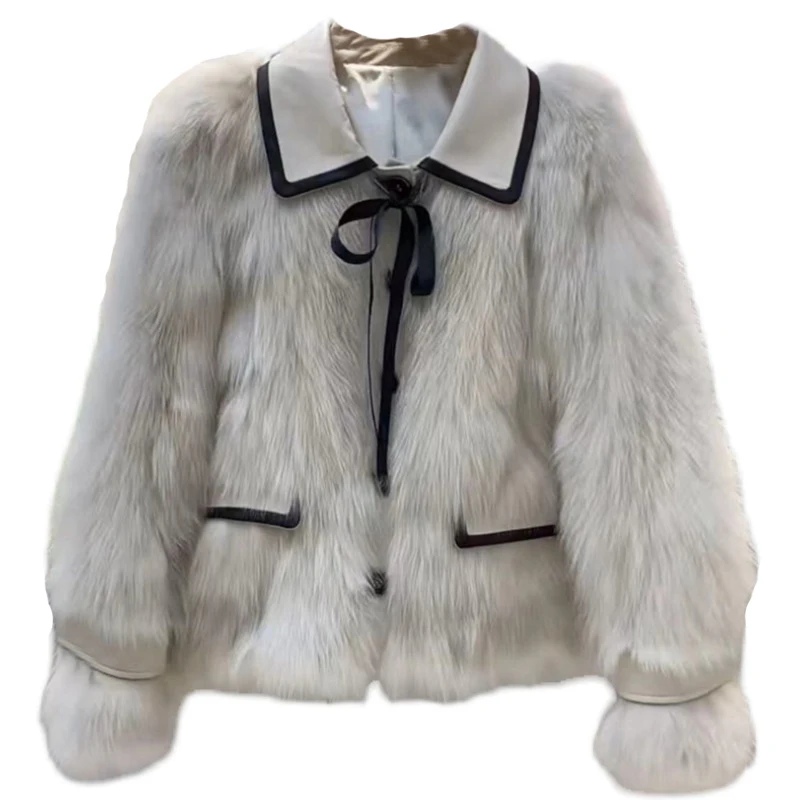 Young Ladies Beige Fox Fur Coat for Women 2022 Winter New Warm Thickened Slim Long Sleeve Three-button Short Plush Jacket Ladies