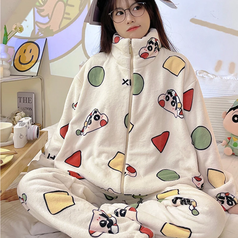 

Cute Funny Crayon Shin Chan Plush Sleepwear Couples Winter Zipper Leisure Thickening Coral Velvet Pajamas Household Clothes Gift