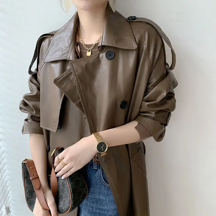 Autumn Winter British Retro Motorcycle Leather Coat Women's Medium Long Waist PU Large X Long Belt Leather Trench Coat for Women