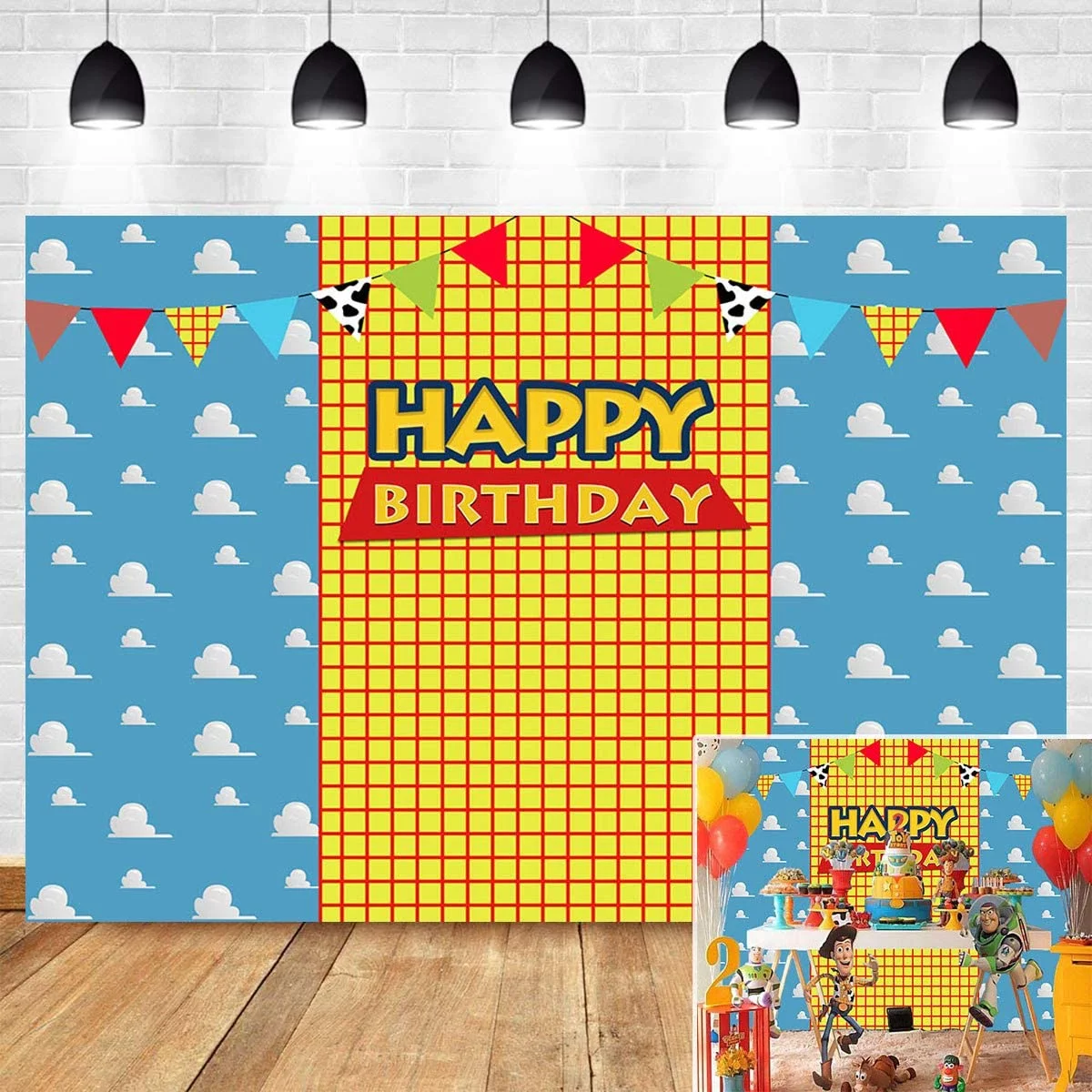 

Western Cowboy Toy Story Children Photography Backdrop Blue Sky Yellow Grid Baby Boy Happy 1st Birthday Party Banner Background