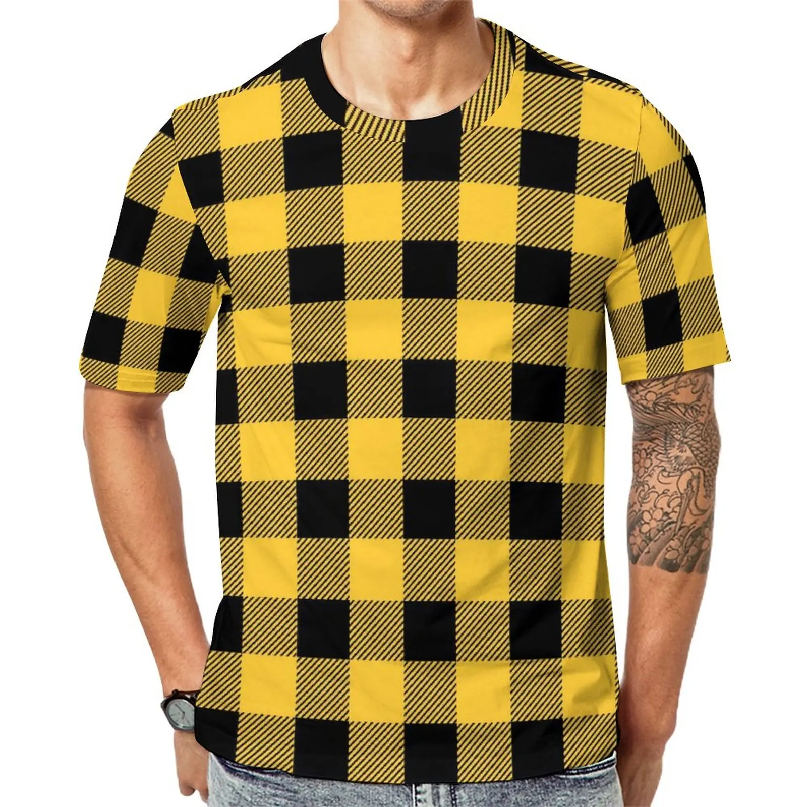 

Black Plaid Print T Shirt Mens Yellow Check Casual T-Shirts Summer Harajuku Tees Short Sleeve Custom Oversized Clothes