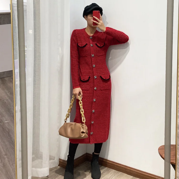 

Maje hoydsn 82% sheep wool SP EVEN DRESS red slim long knitted dress temperament small fragrance woman dress prom dresses