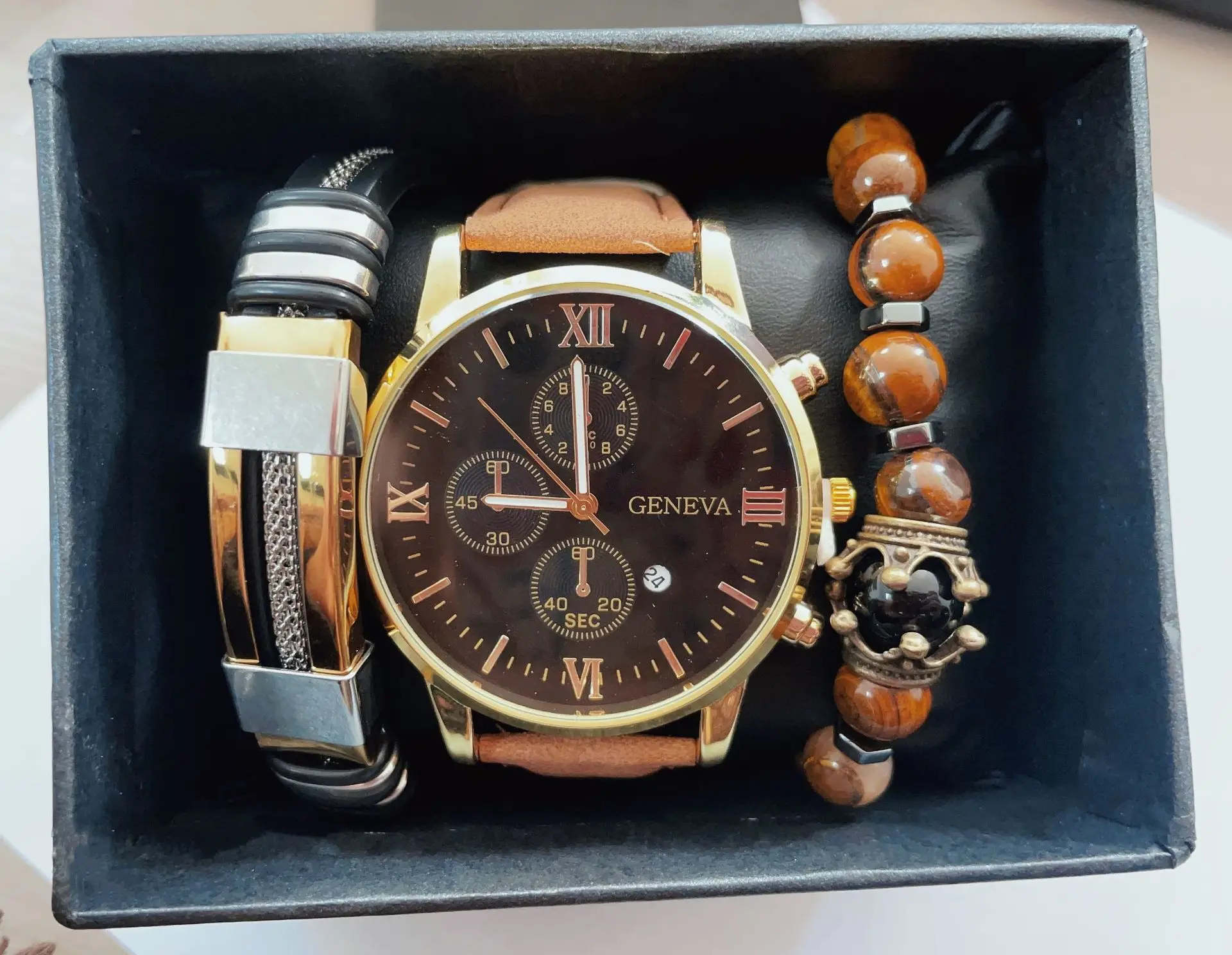 Europe and America fashion explosion men's fashion simple belt quartz watch + bracelet set -2pcs