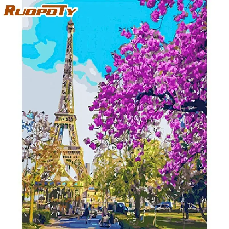

RUOPOTY Flowers Tower Oil Painting By Numbers Unique DIY Gift For Adults Children 40x50cm Frame On Canvas Home Decor Art Photo